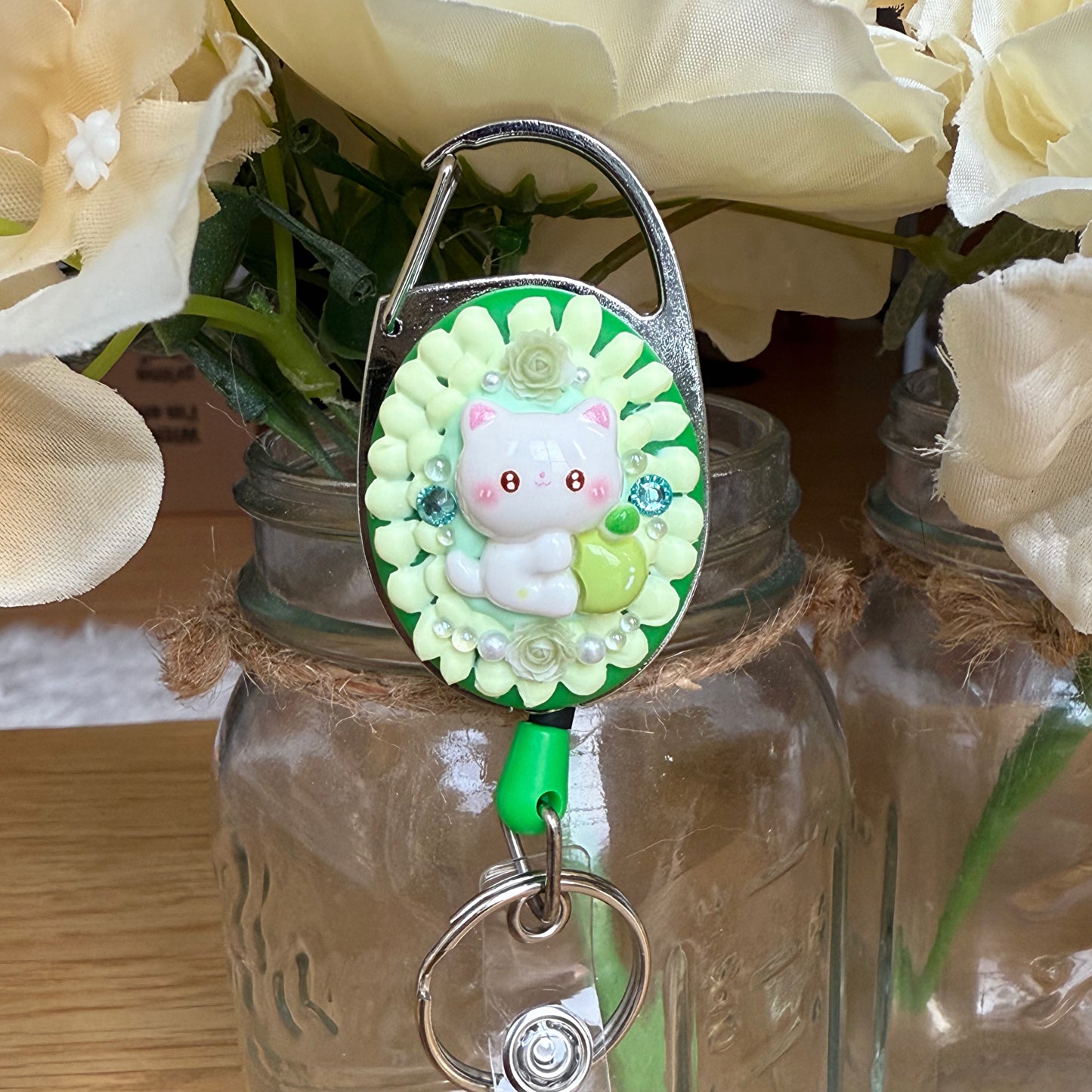 Badge Reel - Green Kitty