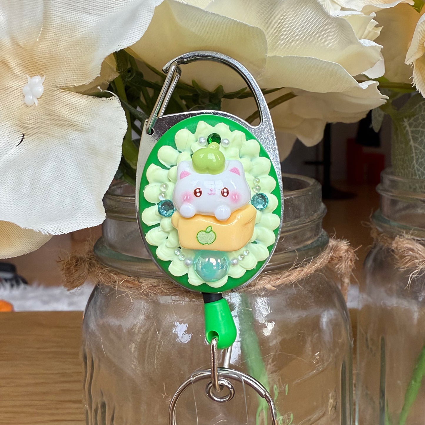 Badge Reel - Green Kitty